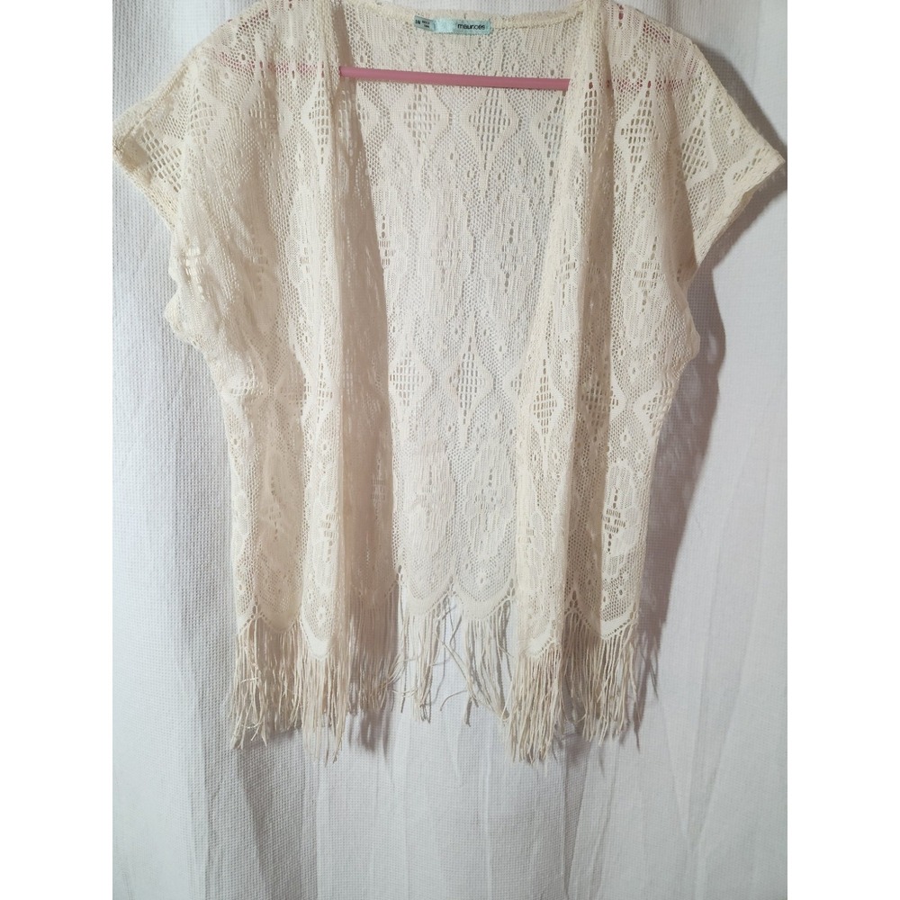 Maurices‎ Womens S/M Cream Crochet Open Front Short Sleeve Cardigan Fringe Boho
